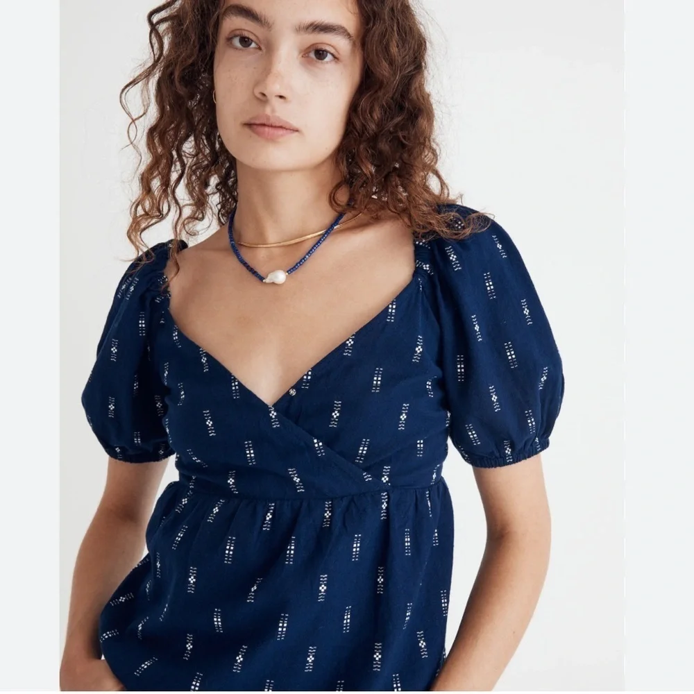 Madewell Puff Sleeve Empire Top Sz S Navy Blue Sweetheart Neck Jacquard Festival
